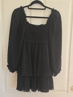 Altar'd State Black Floral Lace Mini Dress with Puff Sleeves